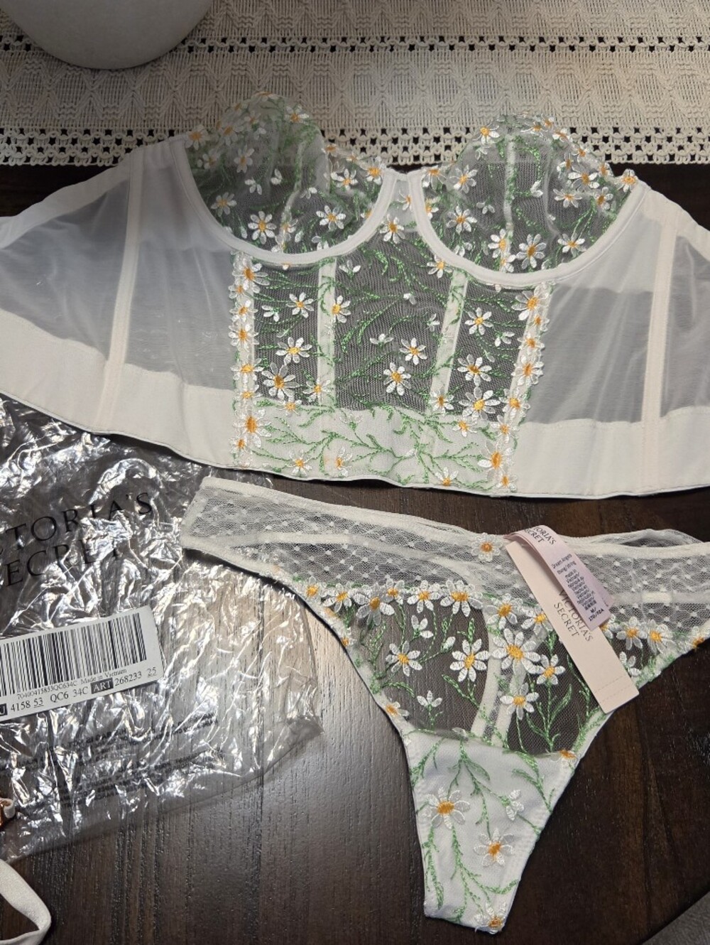 Victoria' Secret Floral Embroidered Sheer Bralette & Thong Set - White